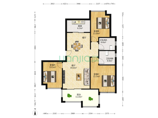 蓝光雍锦半岛 3室1厅2卫 121平方