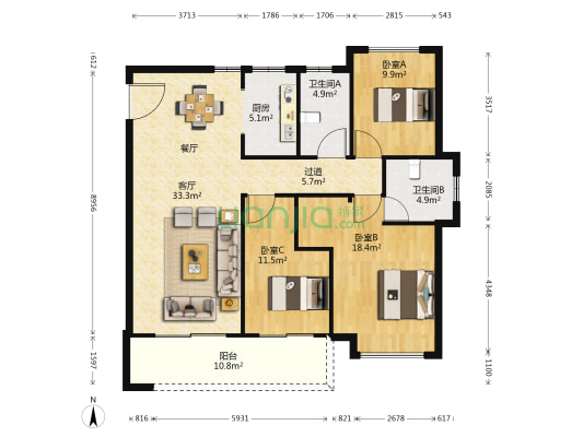 淮安院子 3室1厅2卫 135平方