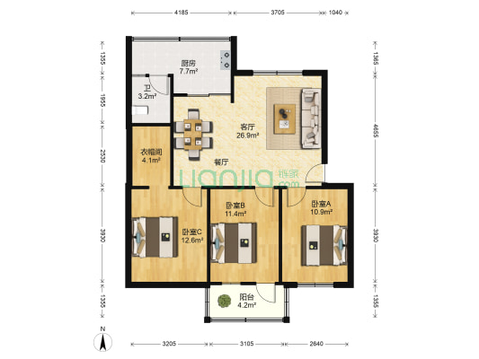 华龙苑小区 3室1厅1卫 93平方