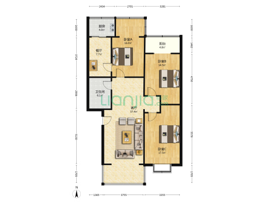 原63军西院 3室2厅1卫 128平方