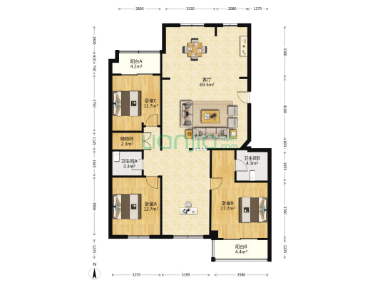 佳欣华庭北区 3室1厅2卫 162平方