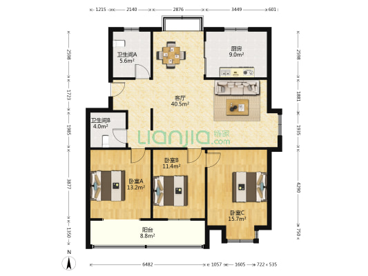 黄金花园西区 3室1厅2卫 122平方