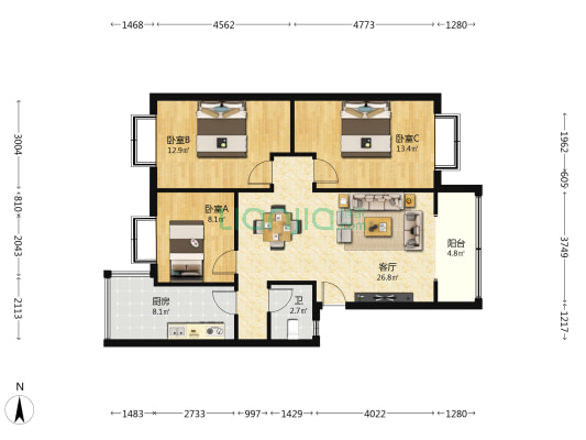 峻领天下兰岛B区 3室1厅1卫 89平方