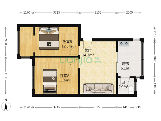 铁路宿舍 2室1厅1卫 53平方