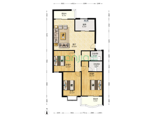 马保石沙小区 3室1厅2卫 122平方