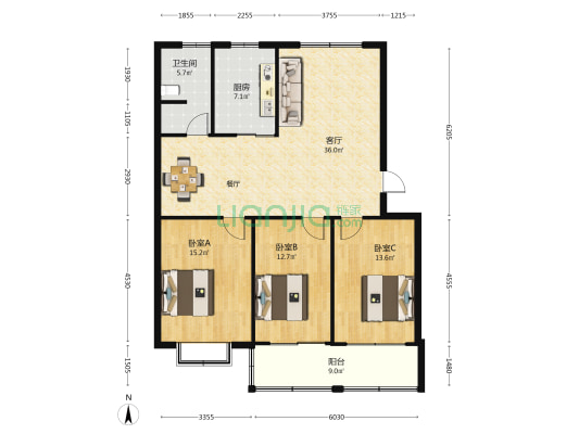 鑫堡佳园 3室1厅1卫 126平方