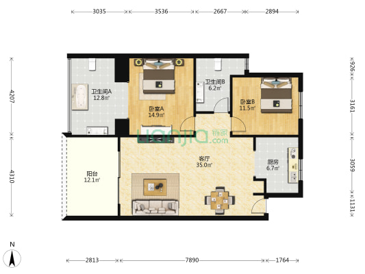 半山半岛 2室1厅2卫 120平方
