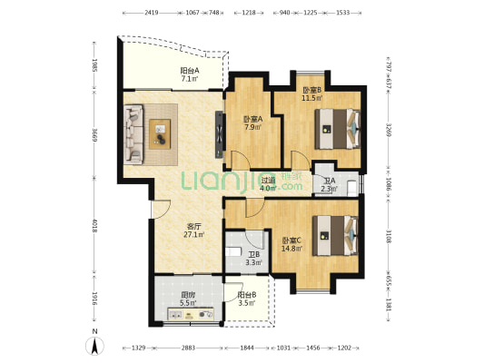 雅富园 3室1厅2卫 100平方