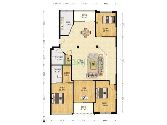 华南大厦(华南二路) 4室1厅2卫 168平方