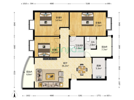 玉福苑西区 3室1厅2卫 125平方