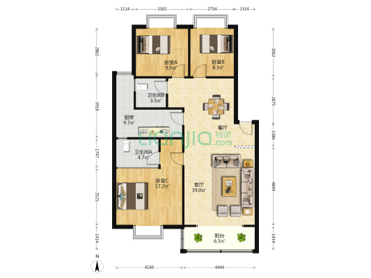 陶然居小区 3室1厅2卫 112平方