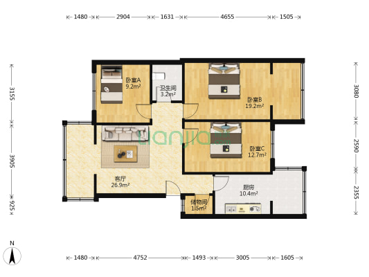 花香苑二区 3室1厅1卫 91平方