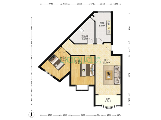 润帝嘉园B区 2室1厅1卫 85平方