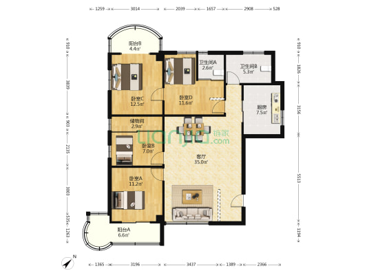 美联大厦 4室1厅2卫 145平方
