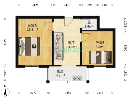 玉河街新康乐巷13号院 2室1厅1卫 47平方