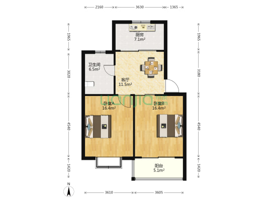 蓬曦园A1区 2室1厅1卫 68平方
