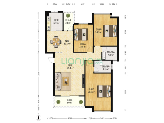 广西中鼎温馨家园 3室2厅2卫 129平方