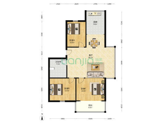 江畔御园 3室1厅1卫 125平方