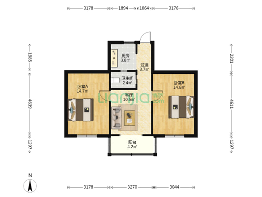 庆春东路66-15号 2室1厅1卫 62平方