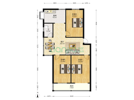 异型扎钢厂宿舍 3室1厅1卫 113平方