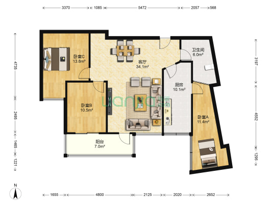 中大国际广场 3室1厅1卫 95平方