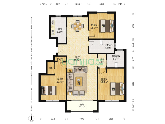 杨泰康苑 3室1厅2卫 131平方