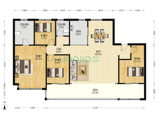 龙湖天奕一期 4室1厅2卫 176平方