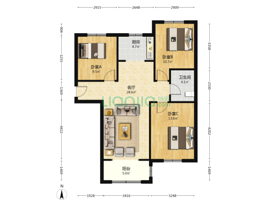 南北通透三居室 中高楼层 景观好 安静无噪音-户型图