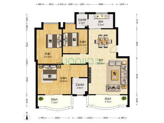 千彩花园 3室1厅2卫 120平方