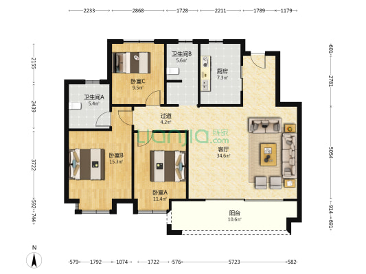 乐享城美澜居 3室1厅2卫 123平方
