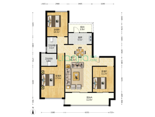 天星湖畔花蔓邸 3室1厅2卫 122平方