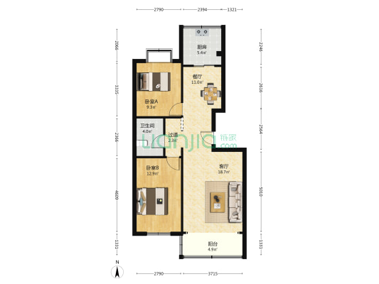 怡源小区 2室2厅1卫 90平方