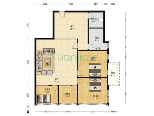 金源时代购物广场 4室2厅1卫 160平方