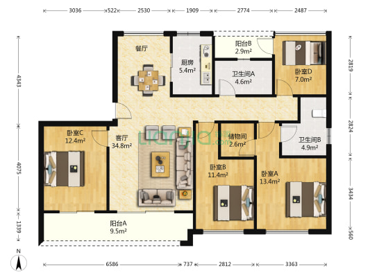 逸树园 4室1厅2卫 136平方