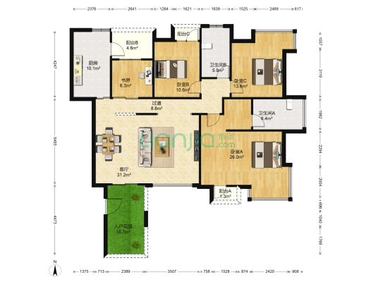 海阔天空A区 4室1厅2卫 163平方