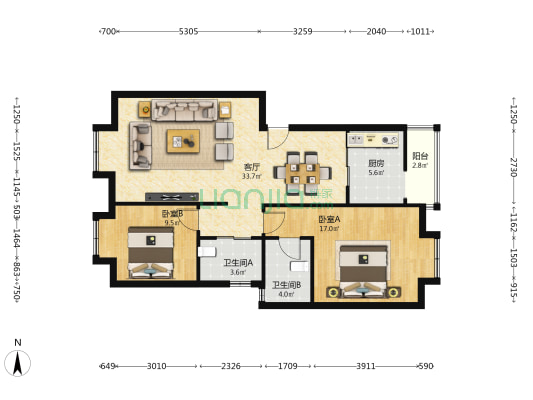 宗申流溪别院四期 2室1厅2卫 90平方