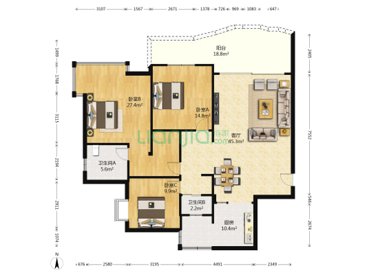 燃气小区 3室1厅2卫 148平方