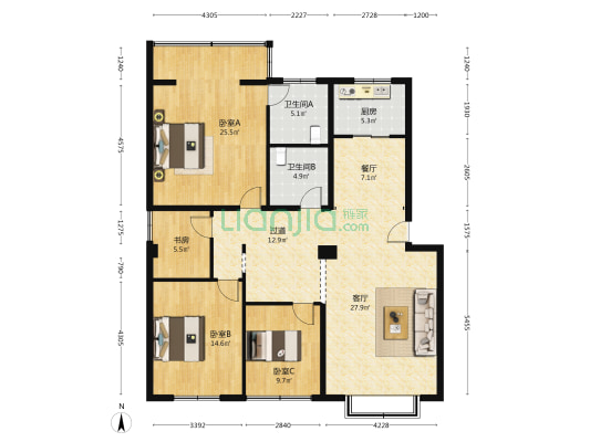 新马路91号院 4室2厅2卫 150平方