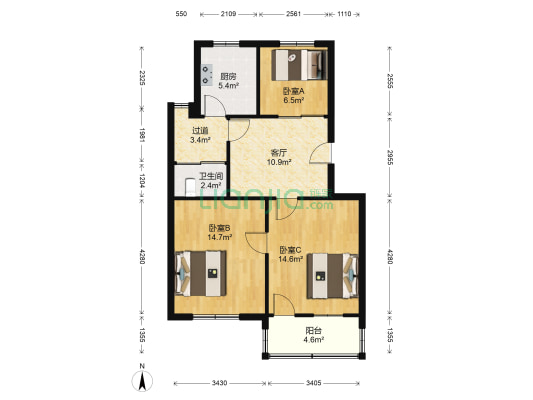 角尺弯 3室1厅1卫 74平方