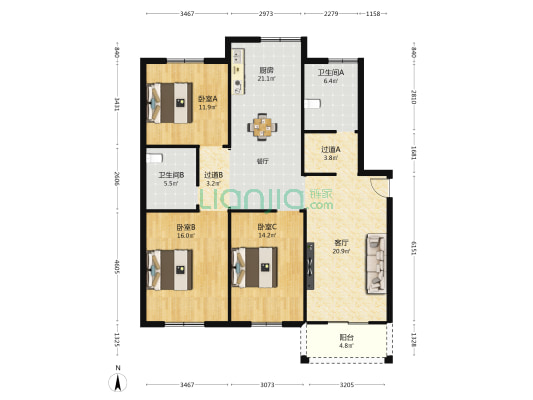古城花园 3室1厅2卫 129平方