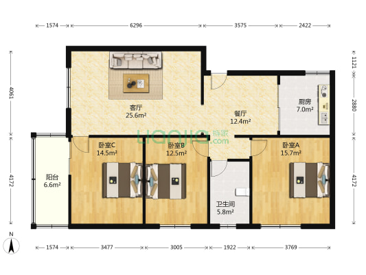 昆明市电信局昆纺新村宿舍 3室2厅1卫 105平方