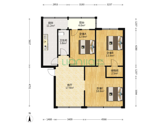 灵山路4号 3室1厅1卫 107平方