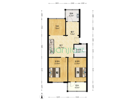 清江花苑绿茵园 3室2厅1卫 83平方