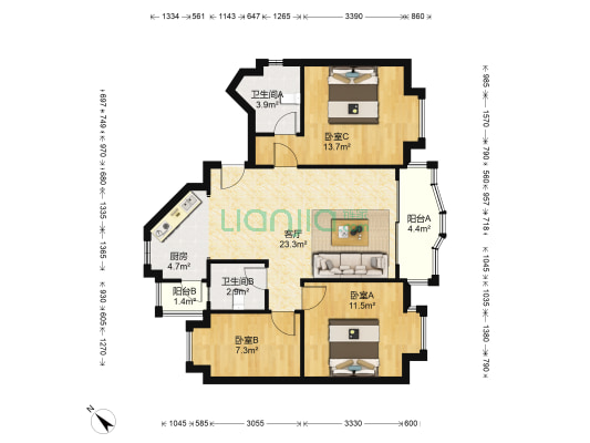 朝日豪苑 3室1厅2卫 90平方