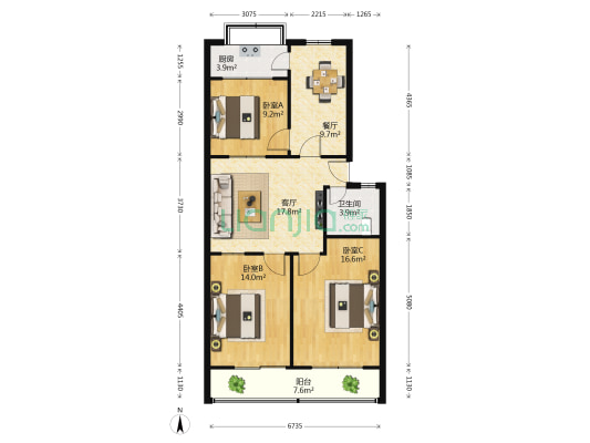 西步行街大门洞 3室2厅1卫 98平方