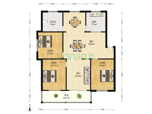 佳苑小区东区 3室2厅1卫 136平方