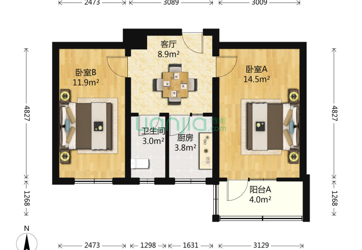 2室1厅1卫57.54-北京永安里小区户型图