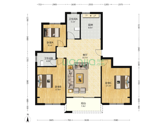 恒达东城花园 3室1厅2卫 143平方