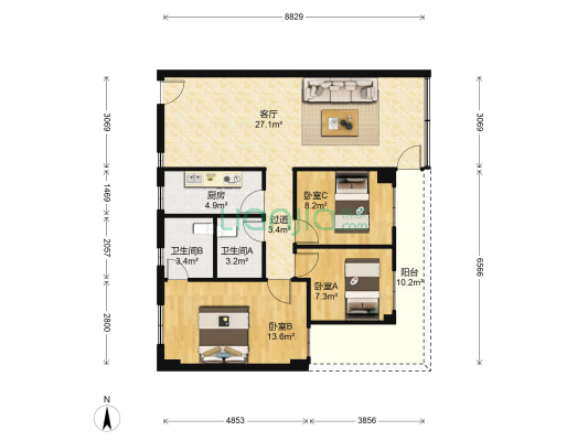河畔花园 3室1厅2卫 87平方
