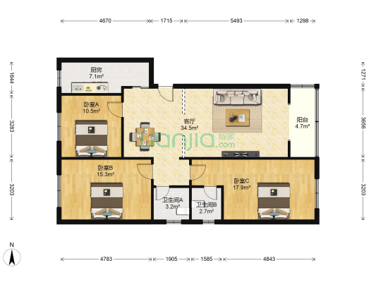 原长荣街249号1栋 3室1厅2卫 109平方